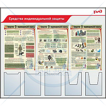 Стенд «СИЗ» Пластик 4 мм, 3 плаката А2, 3 кармана А4, 2 объёмных кармана А4 1400х1200 мм (1400х1200; Пластик ПВХ 4 мм; Алюминиевый профиль)